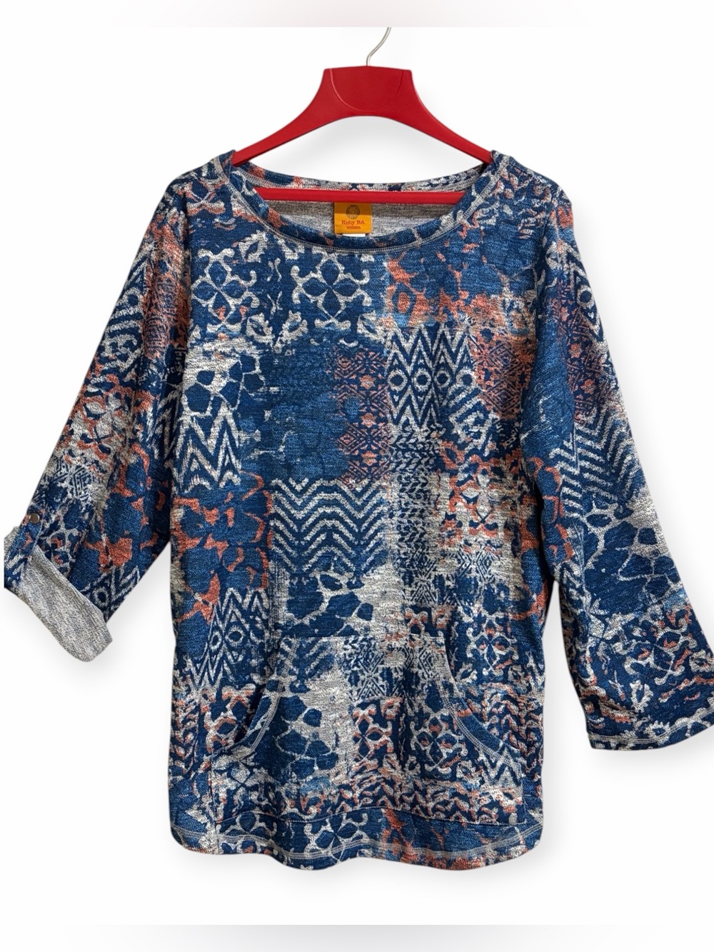 Ruby Rd. Woman Poly Knit Top with Kangaroo Pockets and Rolled Sleeves Option